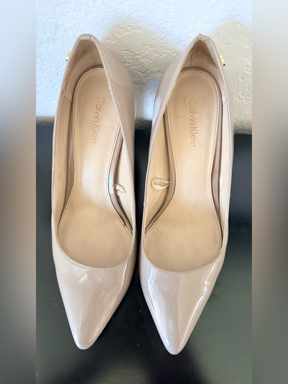 Calvin Klein Patent Taupe Pointed-Toe Pumps